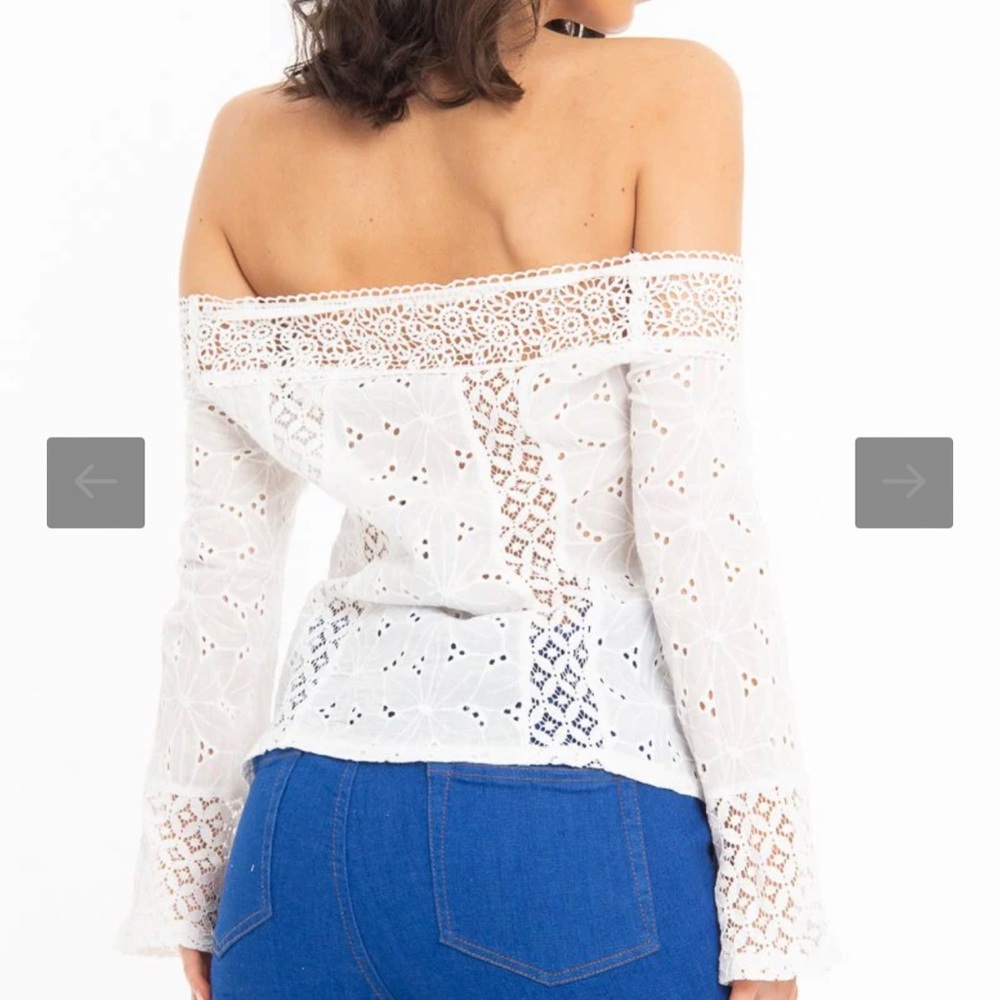 Women’s White Crochet Lace Bardot Top, Lace Off The Shoulder blouse, size small